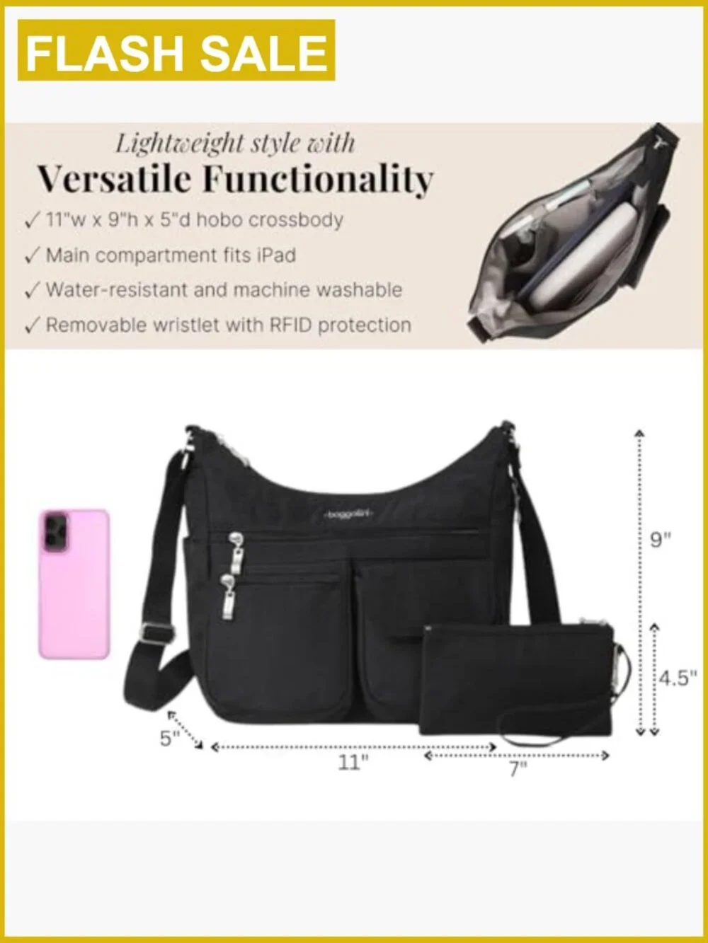 Large Hobo Crossbody Bag Lightweight Nylon RFID Wristlet Travel